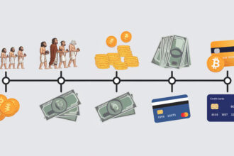 A timeline of the evolution of money from barter to digital currency. The timeline starts with the ancient barter system, moves to the introduction of coins, paper money, and credit cards, and finally reaches the present day with digital currency. Less