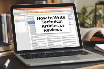 A photo of a laptop with an open document containing the title "How to Write Technical Articles or Reviews". The document is filled with text. There's a pen next to the laptop. The background is a wooden desk with books and a plant.